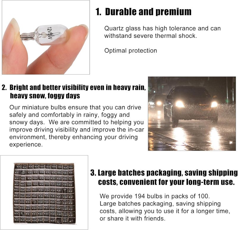 BTFO 100pcs 194 Light Bulb, Clear 194 Led Bulb License Plate Side Marker Lights w5w 1/4 Wedge Base 12V 5W t10 2825 Automotive Tag Car Signal Interior Tail Turn Brake Replacement - Image 3